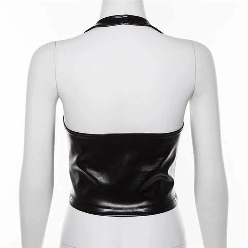 FlyCC Women's Adjustable Spaghetti Straps PU Leather Bustier Crop Tube Top Black a - Image 5